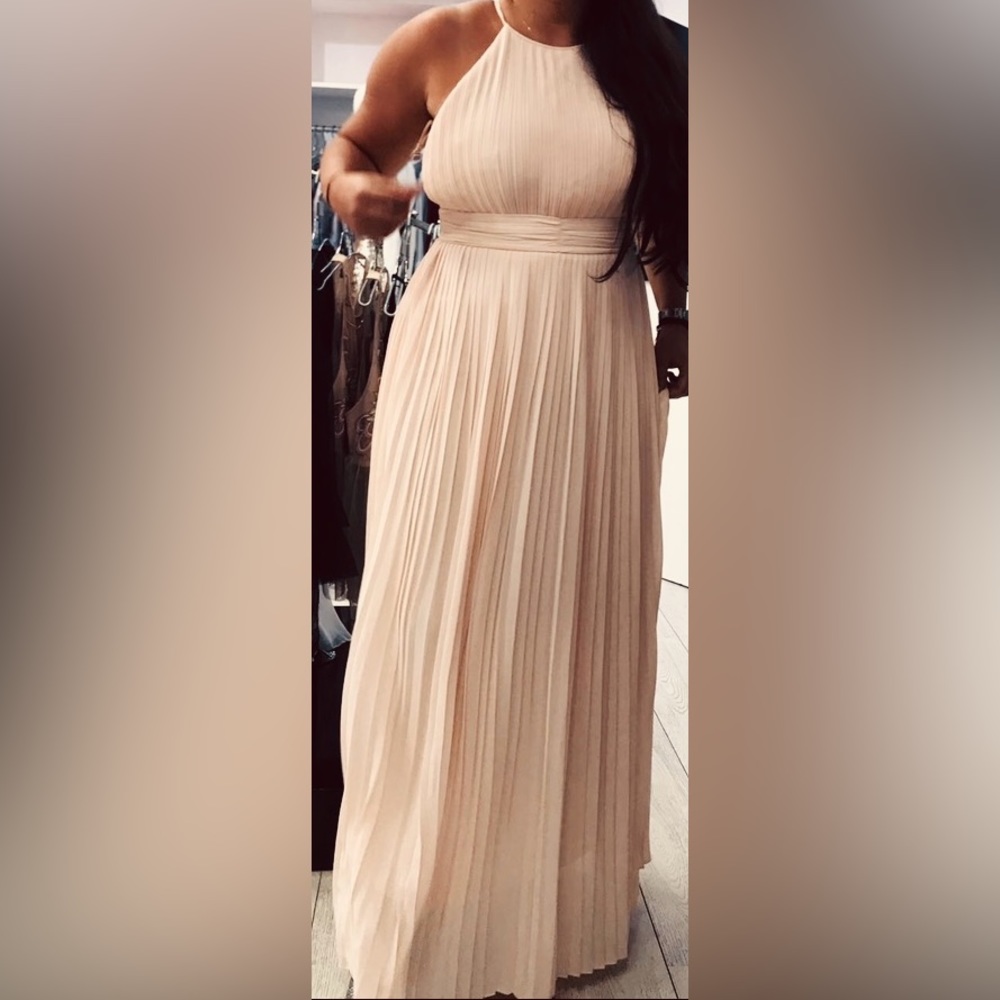 Sleeveless plisse crepe maxi evening gown